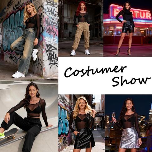 تي شيرت نسائي شبكي شفاف بأكمام طويلة تي شيرت Bodycon شفاف من خلال ملابس النادي المثيرة للحفلات ورقبة مستديرة in Kuwait