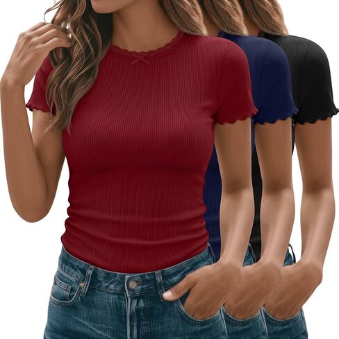 3 Pack Women's Lace Tops Ribbed Short Sleeve Lettuce Trim T-Shirts Cute Crewneck Summer Fitted Bow Knot Casual Tees in Saudi Arabia