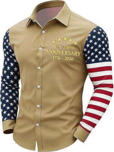 250 Anniversary USA Shirt for Men Long Sleeve Button Down Casual Polo Shirt Patriotic USA Flag Collared Pullover Tops in Saudi Arabia