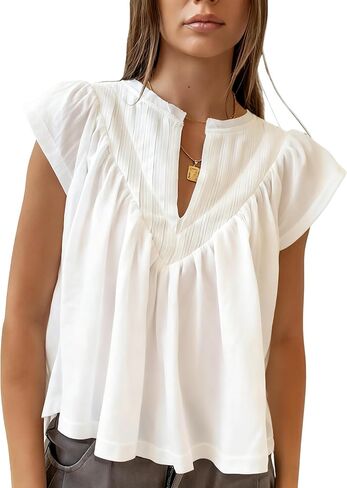 Megfie Babydoll Tops for Women Chiffon Tops for Women Pleated Shirts V Neck Peplum Cute Going Out Tops Blouses in Saudi Arabia