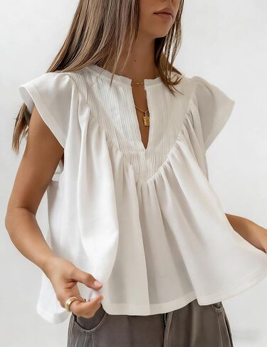 Megfie Babydoll Tops for Women Chiffon Tops for Women Pleated Shirts V Neck Peplum Cute Going Out Tops Blouses in Saudi Arabia