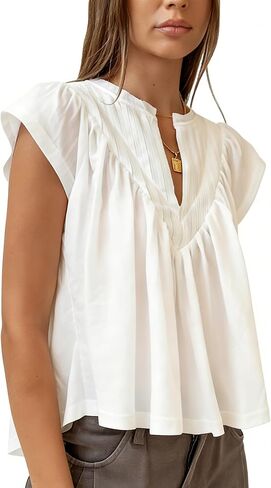 Megfie Babydoll Tops for Women Chiffon Tops for Women Pleated Shirts V Neck Peplum Cute Going Out Tops Blouses in Saudi Arabia