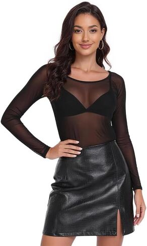Women's Mesh Tops Sheer Long Sleeve Tee Shirts Bodycon See Through Sexy Clubwear Party Round Neck Tees in Saudi Arabia