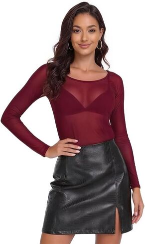 تي شيرت نسائي شبكي شفاف بأكمام طويلة تي شيرت Bodycon شفاف من خلال ملابس النادي المثيرة للحفلات ورقبة مستديرة in Kuwait