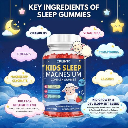 Magnesium Gummies for Kids, Magnesium Glycinate Gummies with Chamomile, Lemon Balm, Calcium, Vitamin B6, D3 for Kids & Adults Sleep, Growth, Calm & Relaxation, Sugar Free, Strawberry Flavor, 60 Counts in Saudi Arabia