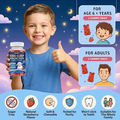 Magnesium Gummies for Kids, Magnesium Glycinate Gummies with Chamomile, Lemon Balm, Calcium, Vitamin B6, D3 for Kids & Adults Sleep, Growth, Calm & Relaxation, Sugar Free, Strawberry Flavor, 60 Counts in Saudi Arabia