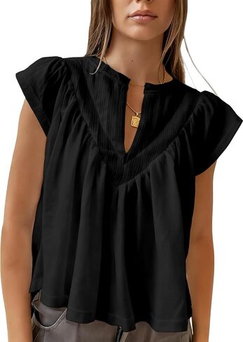 Megfie Babydoll Tops for Women Chiffon Tops for Women Pleated Shirts V Neck Peplum Cute Going Out Tops Blouses in Saudi Arabia