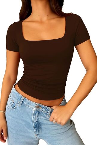ForeFair Square Neck Top for Women - Going Out Summer Cute Short Sleeve Shirt Basic Ruched in Saudi Arabia