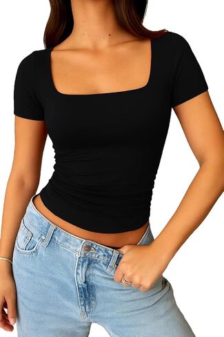 ForeFair Square Neck Top for Women - Going Out Summer Cute Short Sleeve Shirt Basic Ruched in Saudi Arabia