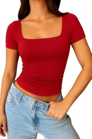 ForeFair Square Neck Top for Women - Going Out Summer Cute Short Sleeve Shirt Basic Ruched in Saudi Arabia