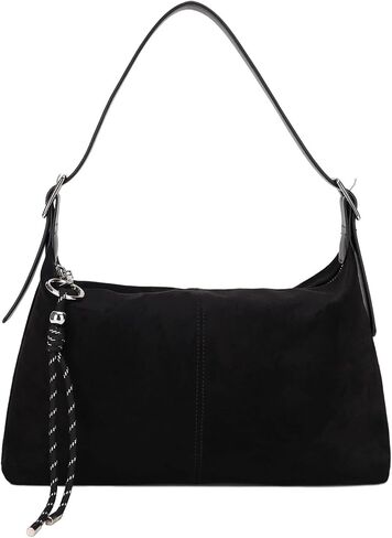 Vegan Leather Suede Shoulder Bag for Women, Medium Soft Crossbody Purse with Dual Adjustable Straps and Key Chain Charm in Saudi Arabia
