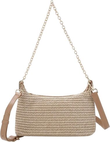 Woven Straw Shoulder Bag for Women, 3-in-1 Versatile Tan Woven Bag with Detachable Chain and Adjustable Strap, Chic Retro Summer Beach Purse in Saudi Arabia