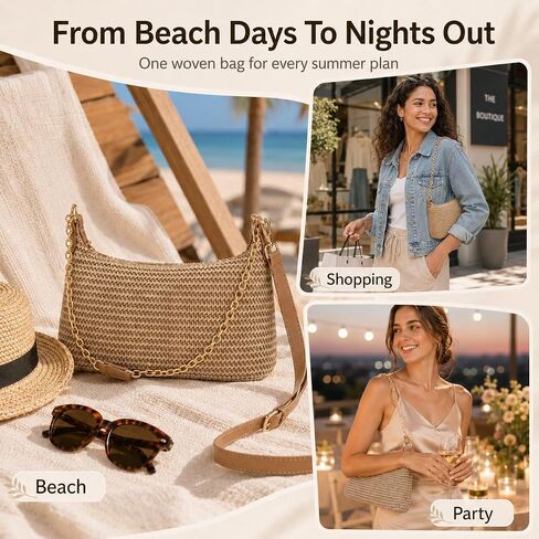Woven Straw Shoulder Bag for Women, 3-in-1 Versatile Tan Woven Bag with Detachable Chain and Adjustable Strap, Chic Retro Summer Beach Purse in Saudi Arabia