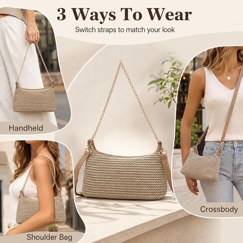 Woven Straw Shoulder Bag for Women, 3-in-1 Versatile Tan Woven Bag with Detachable Chain and Adjustable Strap, Chic Retro Summer Beach Purse in Saudi Arabia