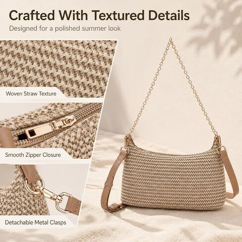 Woven Straw Shoulder Bag for Women, 3-in-1 Versatile Tan Woven Bag with Detachable Chain and Adjustable Strap, Chic Retro Summer Beach Purse in Saudi Arabia