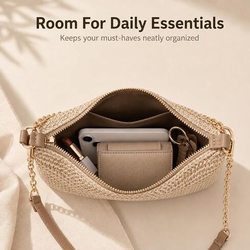 Woven Straw Shoulder Bag for Women, 3-in-1 Versatile Tan Woven Bag with Detachable Chain and Adjustable Strap, Chic Retro Summer Beach Purse in Saudi Arabia