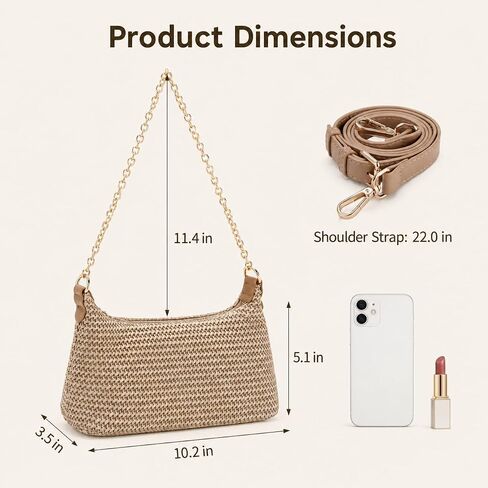 Woven Straw Shoulder Bag for Women, 3-in-1 Versatile Tan Woven Bag with Detachable Chain and Adjustable Strap, Chic Retro Summer Beach Purse in Saudi Arabia