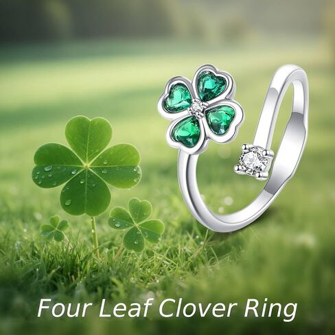 Four Leaf Clover Ring Open Adjustable Ring Irish Lucky Green Clover Shamrock Jewelry Birthday Graduation Christmas Gift for Women in Saudi Arabia
