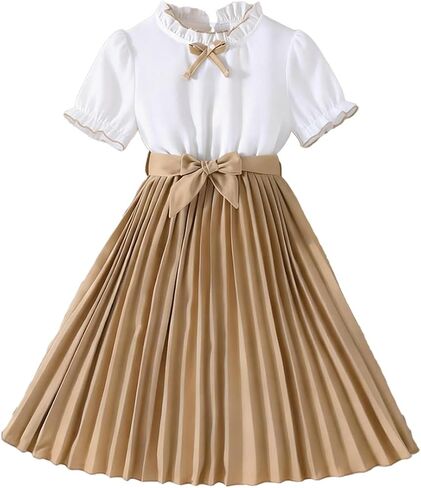Girls Two Tone Pleated Dress Short Sleeve Bow Tie Waist Summer Party Dress for 3-9Y in Kuwait