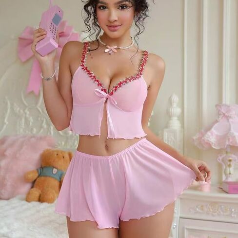 Women's 2 Piece Sexy Lace Pajama Sets Ruffle Trim Tie Front Cami Top and Shorts Sleepwear for Lounge, Sleep and Home Wear in Kuwait