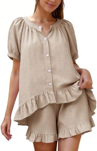 Flygo Pajamas Set for Women 2 Piece Cotton Striped Pj Lounge Sets Ruffle Puff Sleeve Babydoll Top Shorts Y2k Outfit Sleepwear in Kuwait