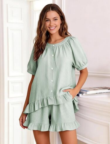 Flygo Pajamas Set for Women 2 Piece Cotton Striped Pj Lounge Sets Ruffle Puff Sleeve Babydoll Top Shorts Y2k Outfit Sleepwear in Kuwait