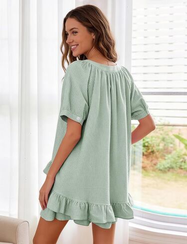 Flygo Pajamas Set for Women 2 Piece Cotton Striped Pj Lounge Sets Ruffle Puff Sleeve Babydoll Top Shorts Y2k Outfit Sleepwear in Kuwait
