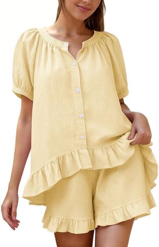 Flygo Pajamas Set for Women 2 Piece Cotton Striped Pj Lounge Sets Ruffle Puff Sleeve Babydoll Top Shorts Y2k Outfit Sleepwear in Kuwait
