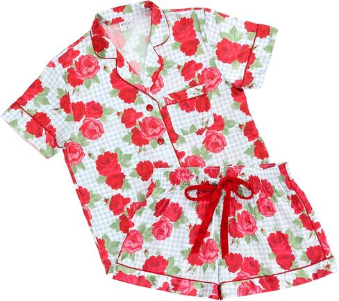 Bella Sleep + Spa Pajamas for Women Loungewear 2-Piece Short Sleeve Silky Satin Shorts/Shirt Sleep Set, Large, Blue Gingham + Red Roses in Saudi Arabia