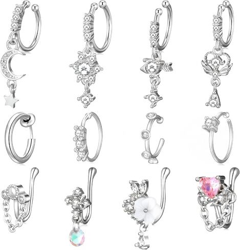 Yolev 12pcs Fake Nose Piercings Silver Fake Nose Ring Hoop African Noses Cuffs Clip On Faux Noses Piercing for Women Non Piercing Jewelry for Women Men in Kuwait
