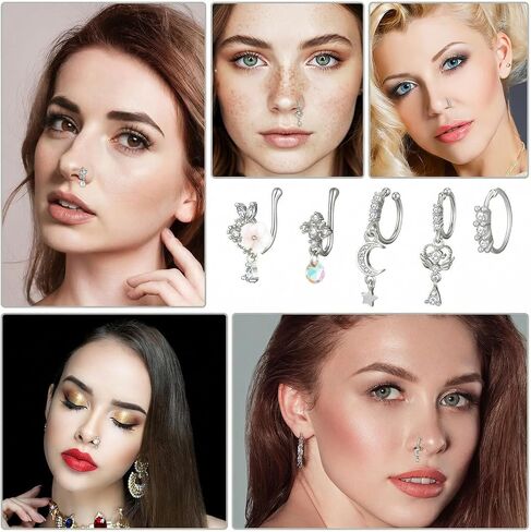 Yolev 12pcs Fake Nose Piercings Silver Fake Nose Ring Hoop African Noses Cuffs Clip On Faux Noses Piercing for Women Non Piercing Jewelry for Women Men in Kuwait