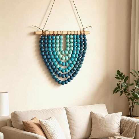 Boho Wooden Bead Garland Wall Hanging Tapestry Ombre Blue Gradient Handmade Wood Beaded Macrame Wall Art Natural Theme Wall Decor for Living Room Bedroom Nursery Dorm Coastal Home Office Decoration in Saudi Arabia