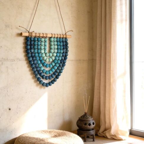 Boho Wooden Bead Garland Wall Hanging Tapestry Ombre Blue Gradient Handmade Wood Beaded Macrame Wall Art Natural Theme Wall Decor for Living Room Bedroom Nursery Dorm Coastal Home Office Decoration in Saudi Arabia