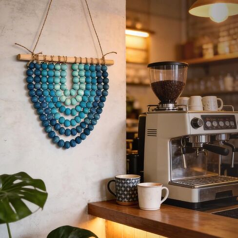 Boho Wooden Bead Garland Wall Hanging Tapestry Ombre Blue Gradient Handmade Wood Beaded Macrame Wall Art Natural Theme Wall Decor for Living Room Bedroom Nursery Dorm Coastal Home Office Decoration in Saudi Arabia