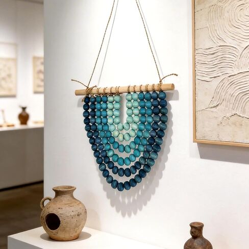 Boho Wooden Bead Garland Wall Hanging Tapestry Ombre Blue Gradient Handmade Wood Beaded Macrame Wall Art Natural Theme Wall Decor for Living Room Bedroom Nursery Dorm Coastal Home Office Decoration in Saudi Arabia