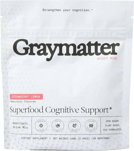 مسحوق منشط الذهن من Graymatter Bright Mind (40 حصة: ليمون الفراولة) - مزيج مشروب الطاقة والتركيز النباتي، محولات وفيتامينات، مكمل يومي خالي من السكر in Kuwait