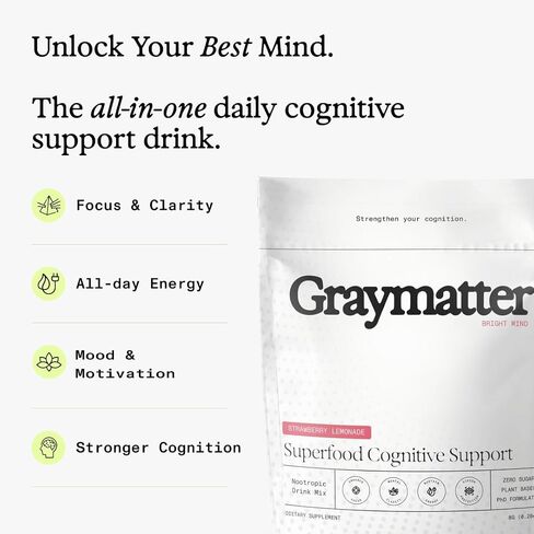 مسحوق منشط الذهن من Graymatter Bright Mind (40 حصة: ليمون الفراولة) - مزيج مشروب الطاقة والتركيز النباتي، محولات وفيتامينات، مكمل يومي خالي من السكر in Kuwait