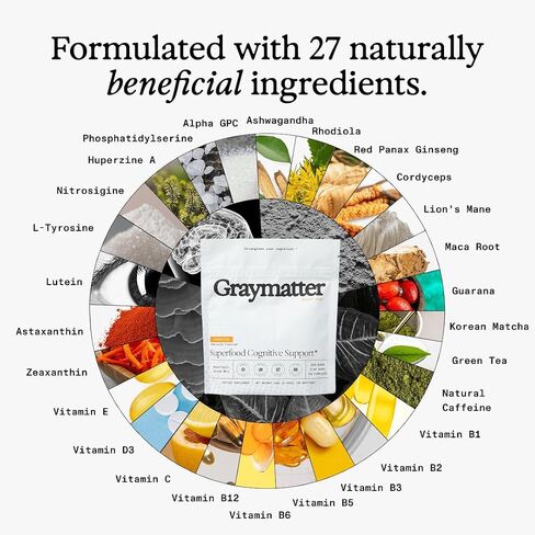 مسحوق منشط الذهن من Graymatter Bright Mind (40 حصة: ليمون الفراولة) - مزيج مشروب الطاقة والتركيز النباتي، محولات وفيتامينات، مكمل يومي خالي من السكر in Kuwait