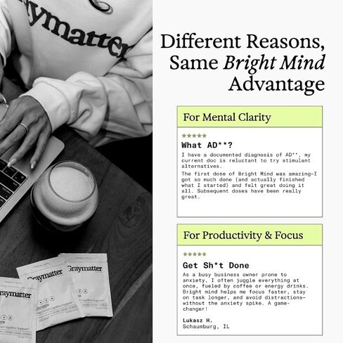 مسحوق منشط الذهن من Graymatter Bright Mind (40 حصة: ليمون الفراولة) - مزيج مشروب الطاقة والتركيز النباتي، محولات وفيتامينات، مكمل يومي خالي من السكر in Kuwait