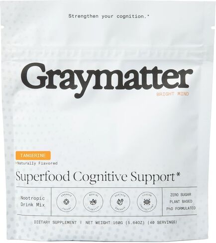 مسحوق منشط الذهن من Graymatter Bright Mind (40 حصة: ليمون الفراولة) - مزيج مشروب الطاقة والتركيز النباتي، محولات وفيتامينات، مكمل يومي خالي من السكر in Kuwait