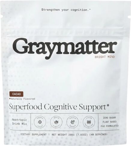 مسحوق منشط الذهن من Graymatter Bright Mind (40 حصة: ليمون الفراولة) - مزيج مشروب الطاقة والتركيز النباتي، محولات وفيتامينات، مكمل يومي خالي من السكر in Kuwait