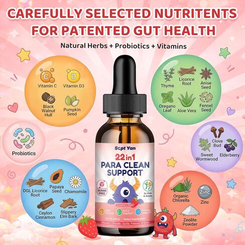 22 in 1 Parasite Cleanse for Humans & Kids, Herbal Gut Cleanse Liquid Drops with Wormwood, Black Walnut, Clove, Chlorella, Oregano, Digestive Health Support - Strawberry Flavor, 2 Fl Oz in Saudi Arabia