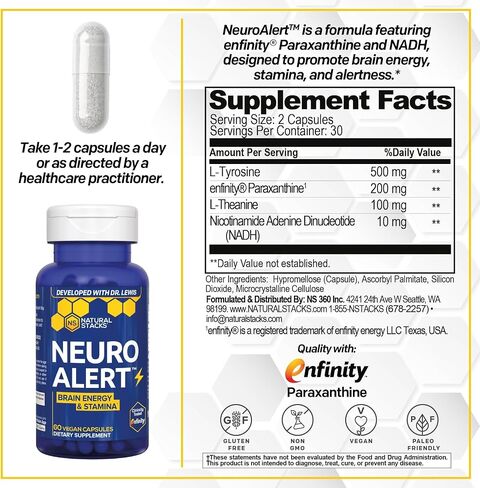 NATURAL STACKS NeuroAlert - 200mg Paraxanthine Energy Supplement - Caffeine Free Focus w/ 500mg L-Tyrosine & 100mg L-Theanine - 10mg NADH for Cellular Energy Support - 60 Paraxanthine Capsules in Saudi Arabia