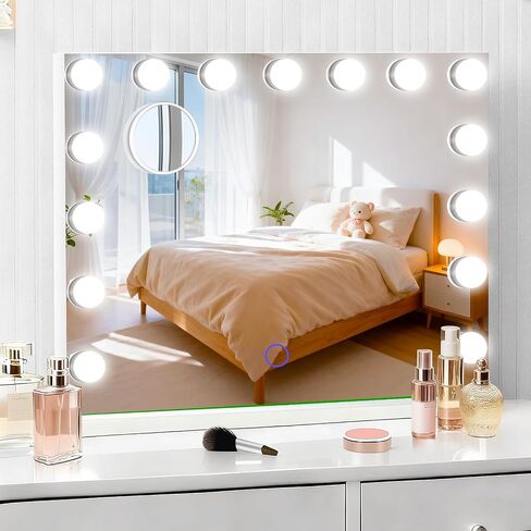 Hollywood Vanity Mirror with Lights, 23" x 18" Lighted Makeup Mirror with 15 Led Bulbs, 3 Color Lights, 10x Magnification, Desk/Wall Mounted, Bedroom College Dorm Room Essentials in Saudi Arabia
