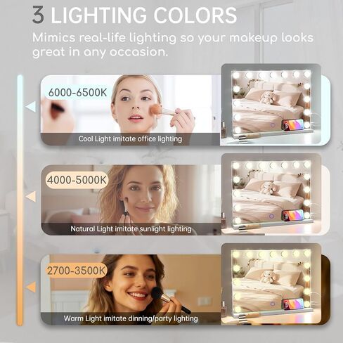 Hollywood Vanity Mirror with Lights, 23" x 18" Lighted Makeup Mirror with 15 Led Bulbs, 3 Color Lights, 10x Magnification, Desk/Wall Mounted, Bedroom College Dorm Room Essentials in Saudi Arabia