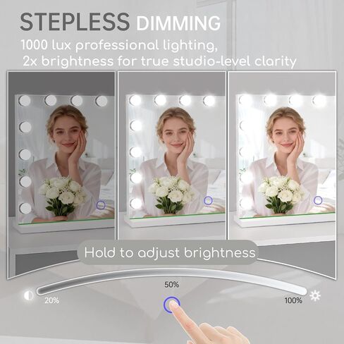 Hollywood Vanity Mirror with Lights, 23" x 18" Lighted Makeup Mirror with 15 Led Bulbs, 3 Color Lights, 10x Magnification, Desk/Wall Mounted, Bedroom College Dorm Room Essentials in Saudi Arabia