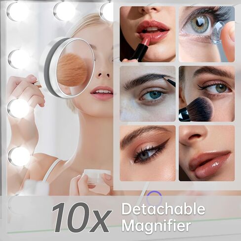 Hollywood Vanity Mirror with Lights, 23" x 18" Lighted Makeup Mirror with 15 Led Bulbs, 3 Color Lights, 10x Magnification, Desk/Wall Mounted, Bedroom College Dorm Room Essentials in Saudi Arabia