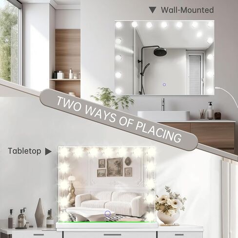 Hollywood Vanity Mirror with Lights, 23" x 18" Lighted Makeup Mirror with 15 Led Bulbs, 3 Color Lights, 10x Magnification, Desk/Wall Mounted, Bedroom College Dorm Room Essentials in Saudi Arabia