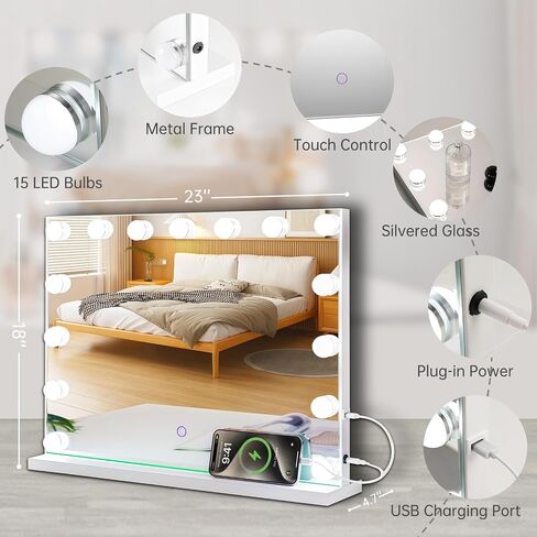 Hollywood Vanity Mirror with Lights, 23" x 18" Lighted Makeup Mirror with 15 Led Bulbs, 3 Color Lights, 10x Magnification, Desk/Wall Mounted, Bedroom College Dorm Room Essentials in Saudi Arabia