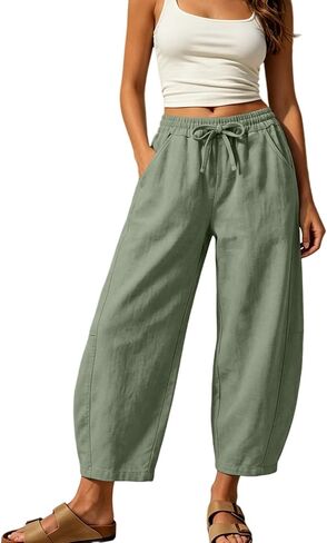 Women Linen Barrel Pants Summer Cotton Gauze Palazzo Drawstring Pant Casual Beach Wide Leg Baggy Boho Trousers in Saudi Arabia